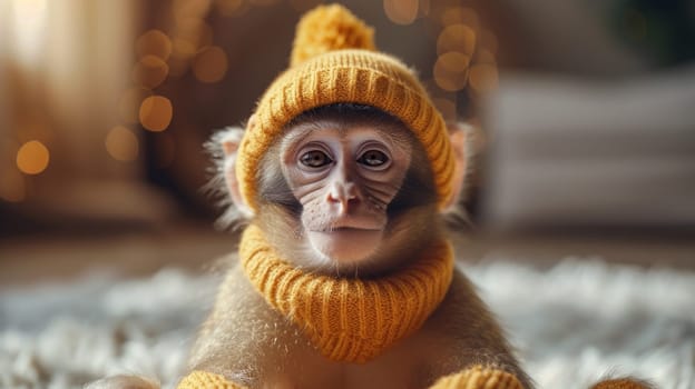 Funny monkey in a warm hat sitting in a home interior.