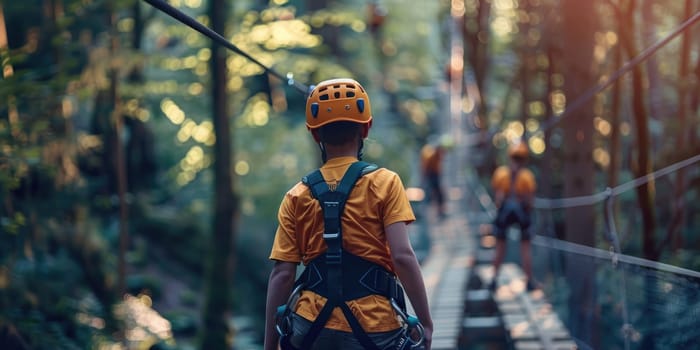 View of high ropes course, process of climbing in amusement activity rope park. ai generated