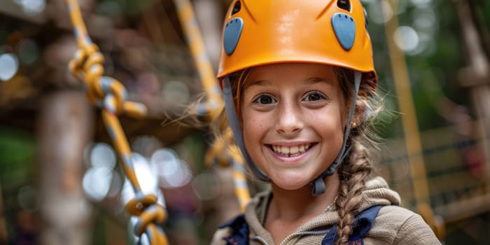 View of high ropes course, process of climbing in amusement activity rope park. happy children climbing. ai generated