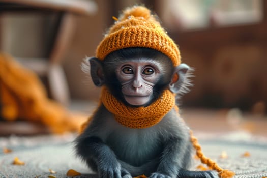 Funny monkey in a warm hat sitting in a home interior.