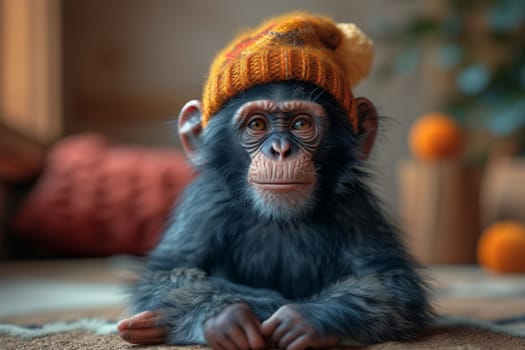 Funny monkey in a warm hat sitting in a home interior.