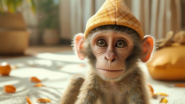 Funny monkey in a warm hat sitting in a home interior.