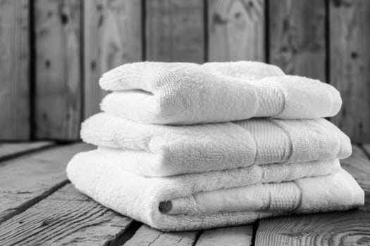 A stack of white towels lies on a wooden surface.