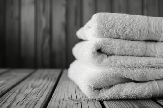 A stack of white towels lies on a wooden surface.