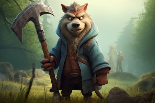 A cartoon character of a lumberjack wolf with an axe in his hands. 3d illustration.