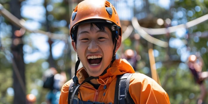 View of high ropes course, process of climbing in amusement activity rope park. happy and excited teens climbing. ai generated