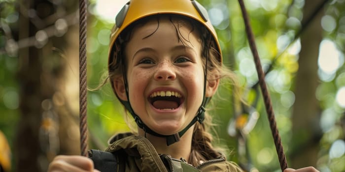 View of high ropes course, process of climbing in amusement activity rope park. happy children climbing. ai generated