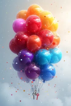 gift colorful balloons suspended from a gift key. 3d illustration.