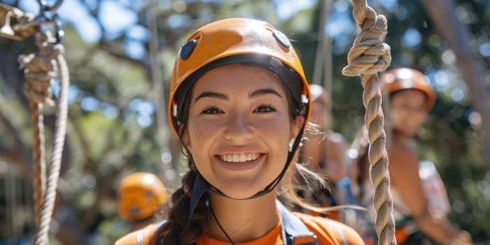 View of high ropes course, process of climbing in amusement activity rope park. happy and excited teens climbing. ai generated