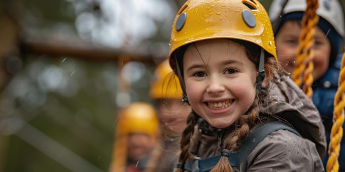 View of high ropes course, process of climbing in amusement activity rope park. happy children climbing. ai generated