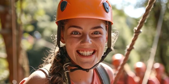 View of high ropes course, process of climbing in amusement activity rope park. happy and excited teens climbing. ai generated