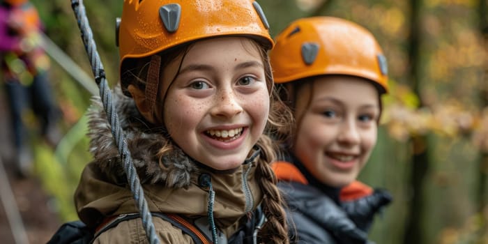 View of high ropes course, process of climbing in amusement activity rope park. happy children climbing. ai generated