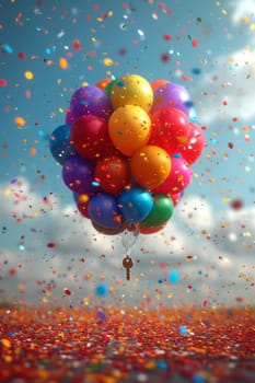 gift colorful balloons suspended from a gift key. 3d illustration.