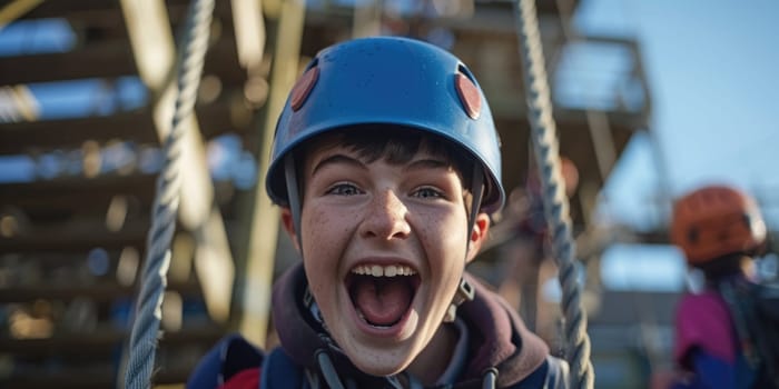 View of high ropes course, process of climbing in amusement activity rope park. happy and excited teens climbing. ai generated