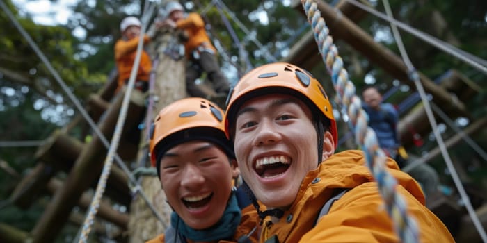 View of high ropes course, process of climbing in amusement activity rope park. happy and excited teens climbing. ai generated