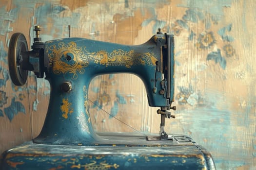 An antique sewing machine is ready to work on the table.