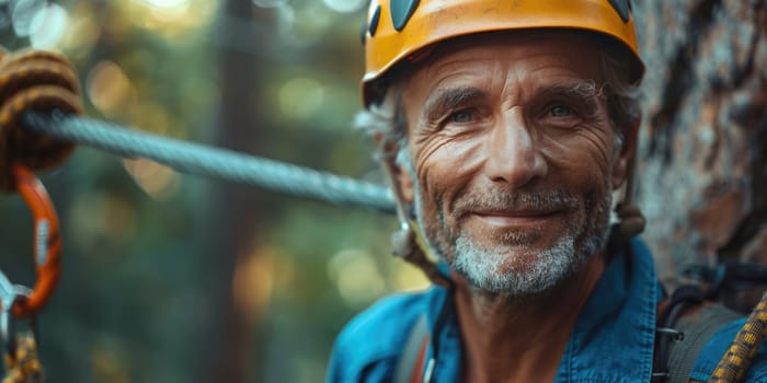 View of high ropes course, process of climbing in amusement activity rope park. happy and excited mature man climbing. ai generated