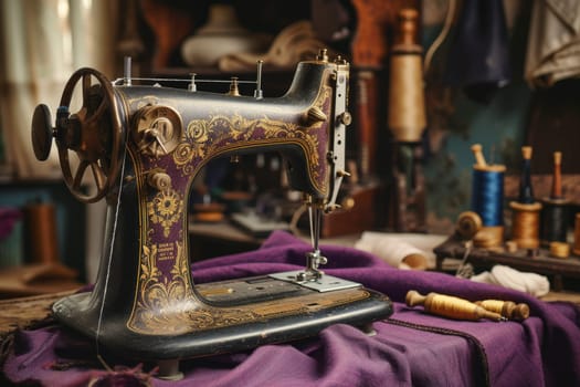An antique sewing machine is ready to work on the table.