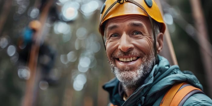 View of high ropes course, process of climbing in amusement activity rope park. happy and excited mature man climbing. ai generated