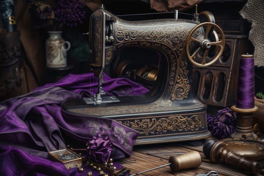 An antique sewing machine is ready to work on the table.