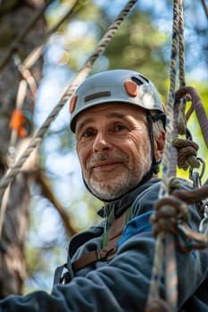 View of high ropes course, process of climbing in amusement activity rope park. happy and excited mature man climbing. ai generated