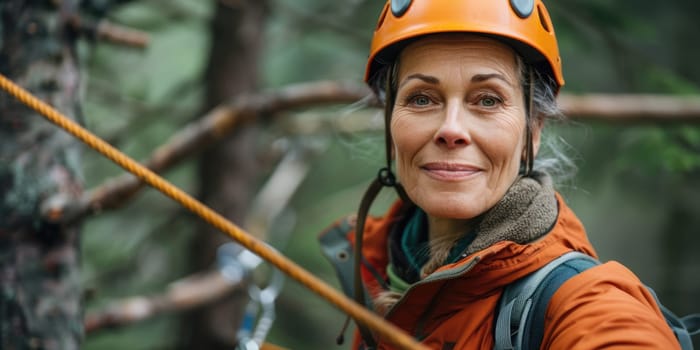 View of high ropes course, process of climbing in amusement activity rope park. happy and excited mature woman climbing. ai generated