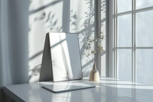 Blank screen tablet in minimal office room with decorations and copy space. ai generated