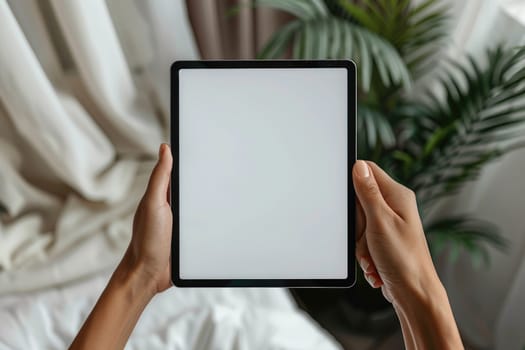 hands holding tablet with blank screen for mockup , green plants in the background. ai generated