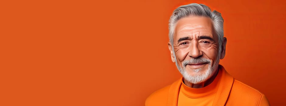 Handsome elderly elegant latino with gray hair, on orange background, banner, active old age. Advertising of cosmetic products, spa treatments, shampoos and hair care products, dentistry and medicine, perfumes and cosmetology for older men.
