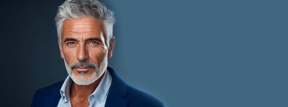 Handsome elderly elegant Latino with gray hair, on a dark blue background, banner, active aging. Advertising of cosmetic products, spa treatments, shampoos and hair care products, dentistry and medicine, perfumes and cosmetology for older men.