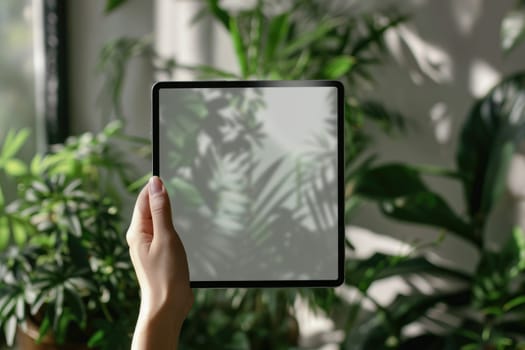 hands holding tablet with blank screen for mockup , green plants in the background. ai generated