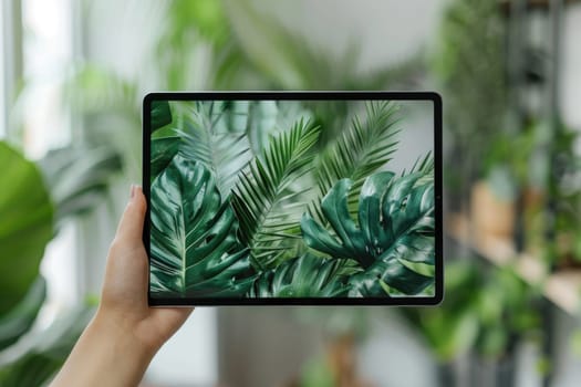 hands holding tablet with blank screen for mockup , green plants in the background. ai generated