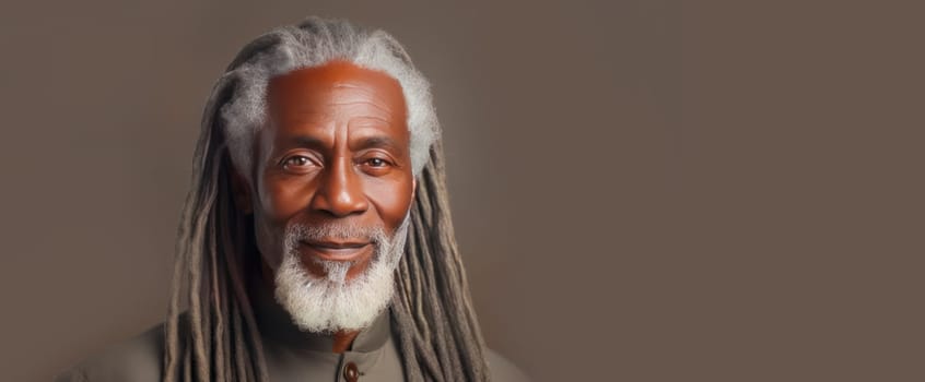 Handsome elderly black African American man with long dreadlocks, on beige background, banner. Advertising of cosmetic products, spa treatments, shampoos and hair care products, dentistry and medicine, perfumes and cosmetology for older men.