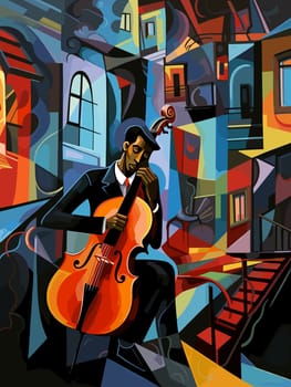 Abstract image of jazz musicians improvising on the streets of New Orleans in cubist pop art style.