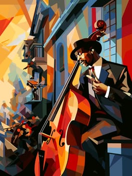 Abstract image of jazz musicians improvising on the streets of New Orleans in cubist pop art style.