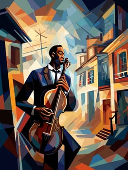 Abstract image of jazz musicians improvising on the streets of New Orleans in cubist pop art style.