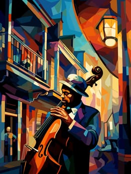 Abstract image of jazz musicians improvising on the streets of New Orleans in cubist pop art style.