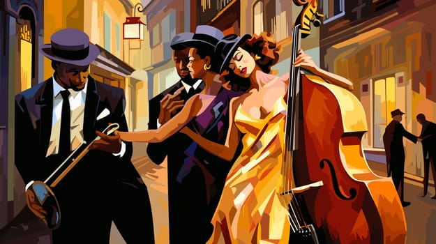 Abstract image of jazz musicians improvising on the streets of New Orleans in cubist pop art style.