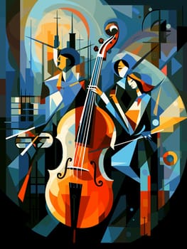 Abstract image of jazz musicians improvising on the streets of New Orleans in cubist pop art style.