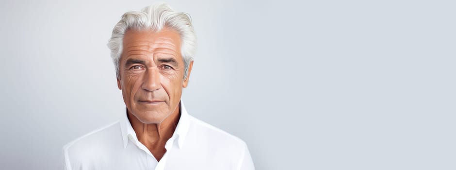 Handsome elderly elegant Latino with gray hair, on a white background, banner, active old age. Advertising of cosmetic products, spa treatments, shampoos and hair care products, dentistry and medicine, perfumes and cosmetology for older men.
