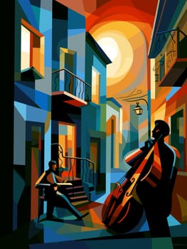 Abstract image of jazz musicians improvising on the streets of New Orleans in cubist pop art style.