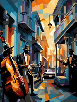 Abstract image of jazz musicians improvising on the streets of New Orleans in cubist pop art style.