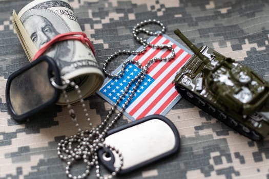 Military ID tags with USA flag on uniform background. High quality photo