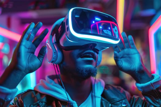 young man gamer wearing virtual reality glasses in gaming room. Vr glasses mockup. ai generated