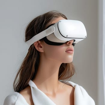 young woman wearing virtual reality glasses in gaming room. Vr glasses mockup. ai generated