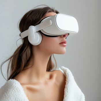 young woman wearing virtual reality glasses in gaming room. Vr glasses mockup. ai generated