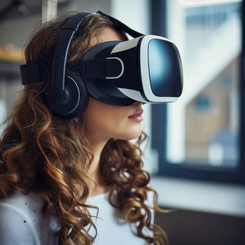 young woman wearing virtual reality glasses in gaming room. Vr glasses mockup. ai generated