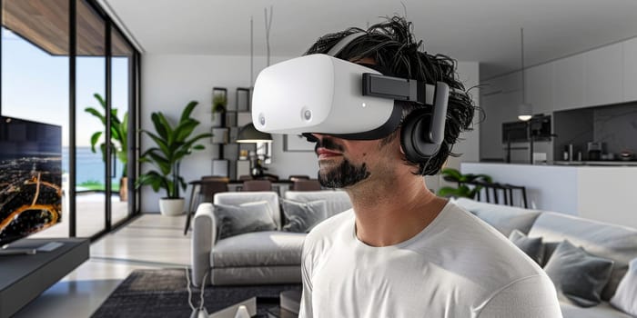 young man gamer wearing virtual reality glasses in gaming room. Vr glasses mockup. ai generated