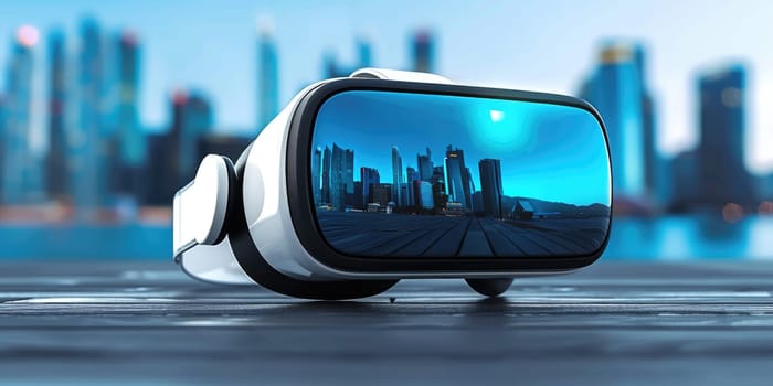 Virtual reality glasses with city view in the background. Vr glasses mockup. ai generated