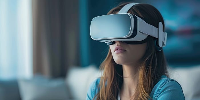 young woman wearing virtual reality glasses in gaming room. Vr glasses mockup. ai generated